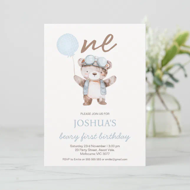 Cute Blue Brown Beary First Birthday Bear Birthday Invitation | Zazzle
