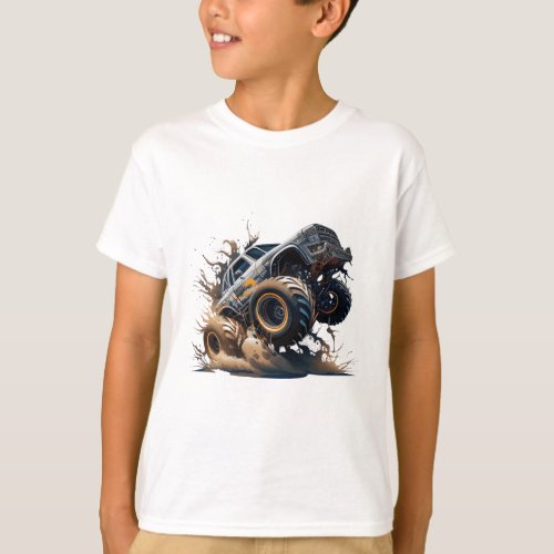 Cute Blue Brown Big Race Monster Truck Kids T_Shirt