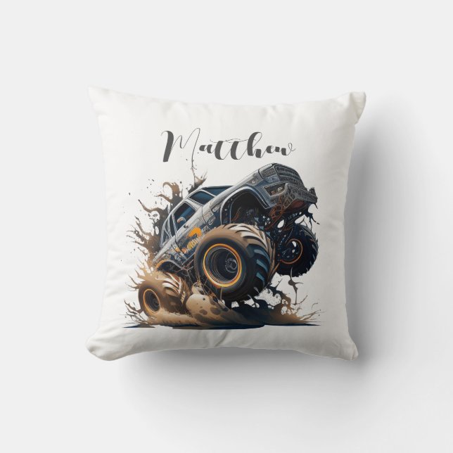 Cute Blue Brown Big Race Monster Truck Throw Pillow (Front)