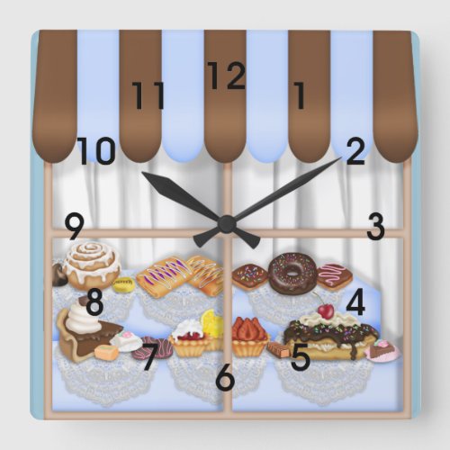 Cute Blue Brown Cupcake Sweet Bakery Square Wall Clock