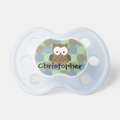 Cute Blue / Brown Owl, Personalized Boys Pacifier (Front)