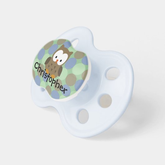 Cute Blue / Brown Owl, Personalized Boys Pacifier (Front Right)