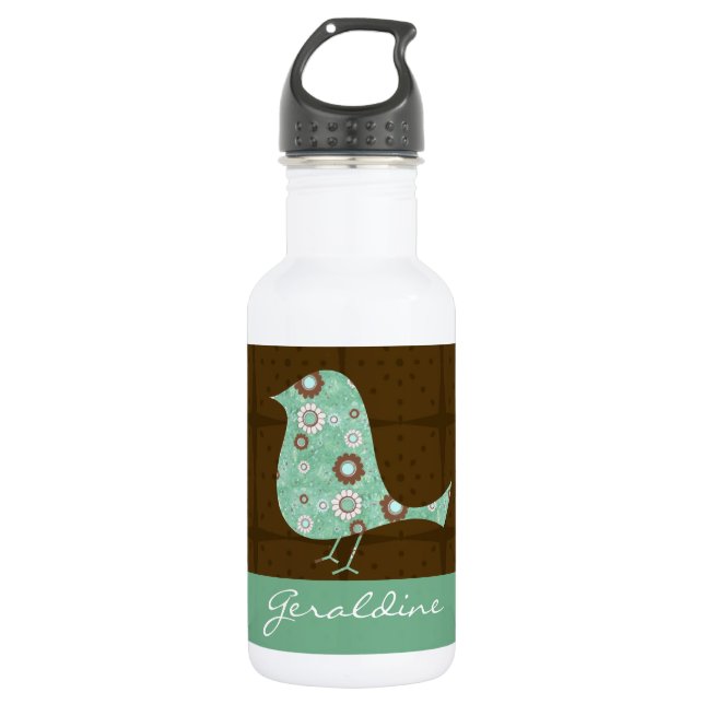 Cute Blue/Brown Pattern Bird Personalized Name Stainless Steel Water Bottle (Front)