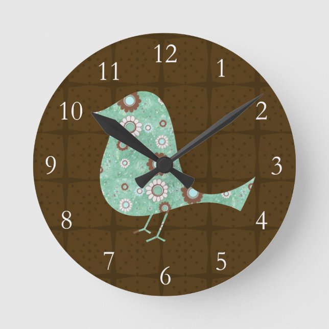 Cute Blue/Brown Pattern Bird Round Clock (Front)