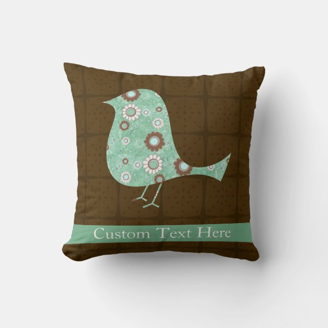 Cute Blue/Brown Pattern Bird Throw Pillow (Front)