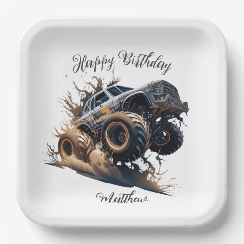 Cute Blue Brown Race Monster Truck Kids Birthday Paper Plates