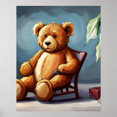 Cute Blue Brown Teddy Bear Sitting on Chair Poster