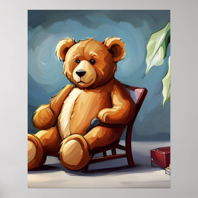 Cute Blue Brown Teddy Bear Sitting on Chair Poster (Front)