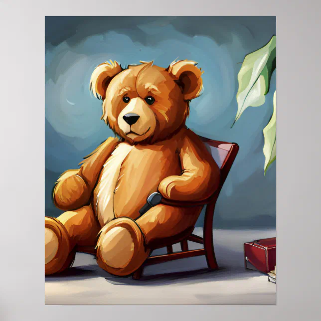 Cute Blue Brown Teddy Bear Sitting on Chair Poster | Zazzle