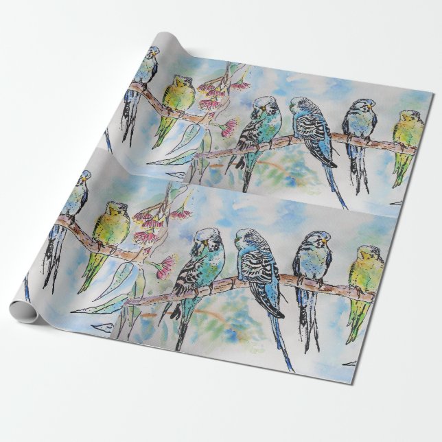 Cute Blue Budgie birds art Watercolor Wrapping Wrapping Paper (Unrolled)