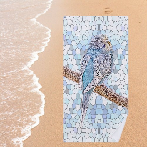 Cute blue budgie on mosaic background  beach towel