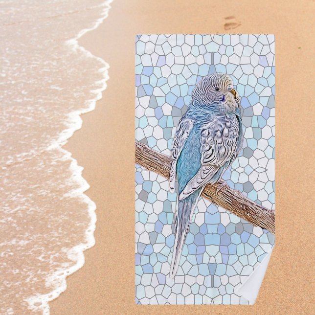 Cute blue budgie on mosaic background  beach towel (Creator Uploaded)