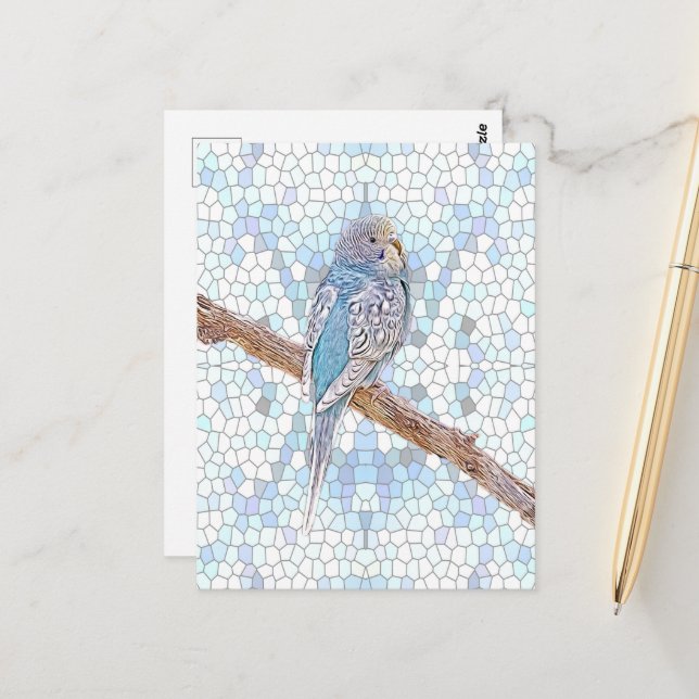Cute blue budgie on mosaic background, custom   postcard (Front/Back In Situ)