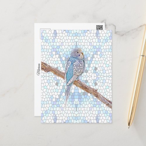 Cute blue budgie on mosaic background   postcard