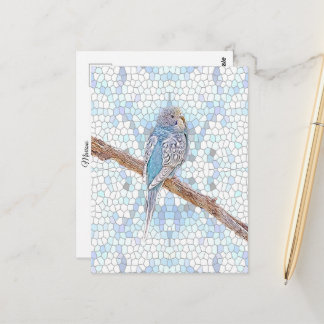 Cute blue budgie on mosaic background   postcard