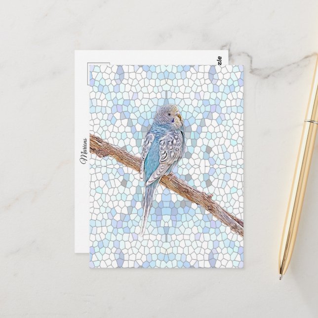 Cute blue budgie on mosaic background   postcard (Front/Back In Situ)