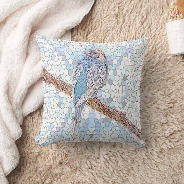 Cute blue budgie on mosaic background    throw pillow (Blanket)