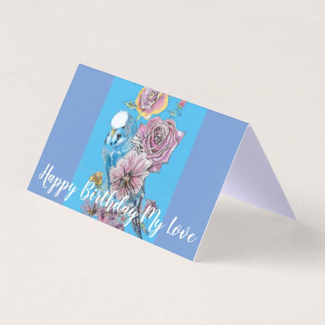 Cute Blue Budgie Rose Painting Love Birthday Card (Front)