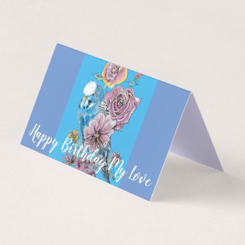 Cute Blue Budgie Rose Painting Love Birthday Card