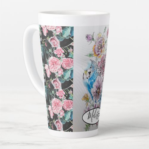 Cute Blue Budgie  Roses Bird Pink Watercolor Latte Mug