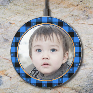 Cute Blue Buffalo Plaid & Stars Personalized Photo Wireless Charger