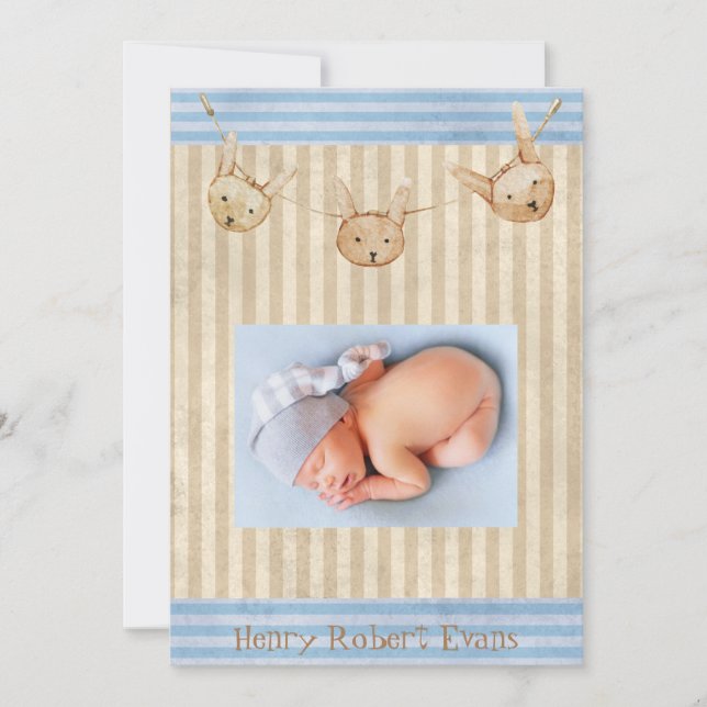 Cute Blue Bunny Baby Boy Birth Announcement (Front)