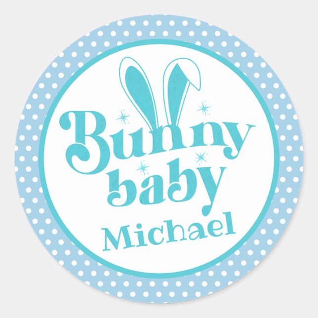 Cute Blue Bunny Baby Boy " Personalized Easter Classic Round Sticker (Front)