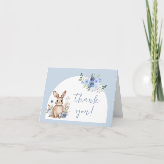 Cute blue bunny boho arch baby boy shower thank you card (Front)