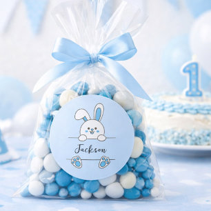 Cute Blue Bunny Boy's First Birthday Classic Round Sticker
