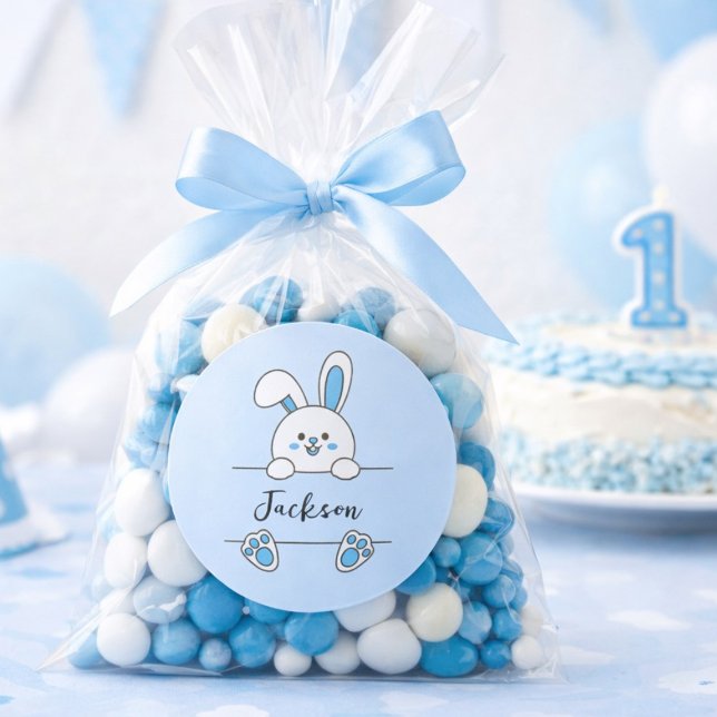 Cute Blue Bunny Boy's First Birthday  Classic Round Sticker (Creator Uploaded)