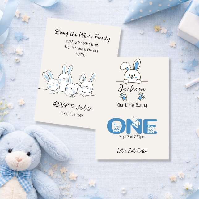 Cute Blue Bunny Boy's First Birthday  Invitation (Creator Uploaded)