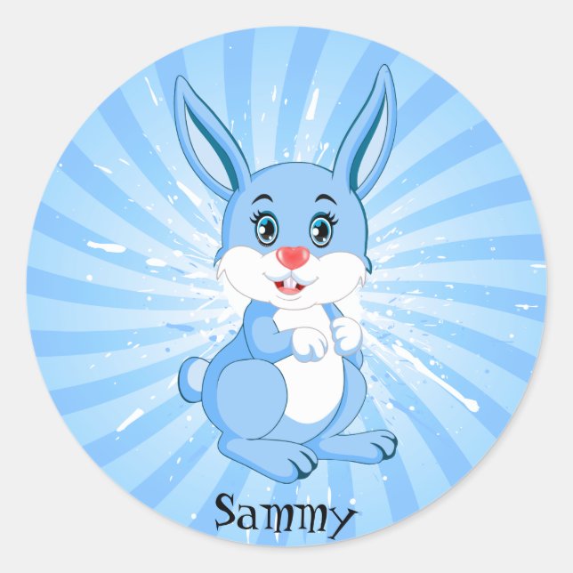 Cute Blue Bunny Cartoon Classic Round Sticker (Front)