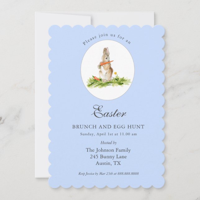 Cute blue Bunny Easter brunch & Egg hunt   Holiday Card (Front)
