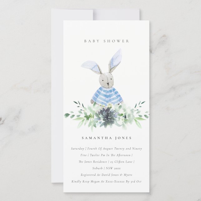 Cute Blue Bunny Garden Fauna Baby Shower Invite (Front)