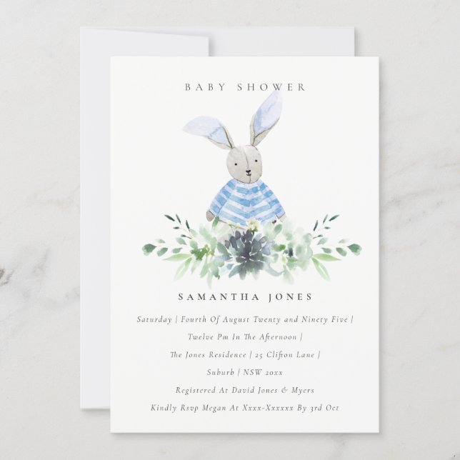 Cute Blue Bunny Garden Foliage Baby Shower Invite (Front)