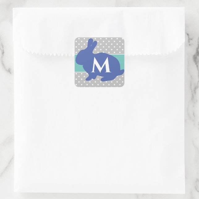 Cute Blue Bunny on Gray Polka Dots Monogram Square Sticker (Bag)