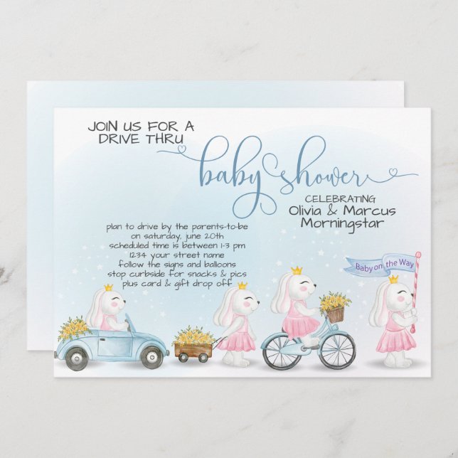Cute Blue Bunny Parade Drive Thru Baby SHower Invitation (Front/Back)
