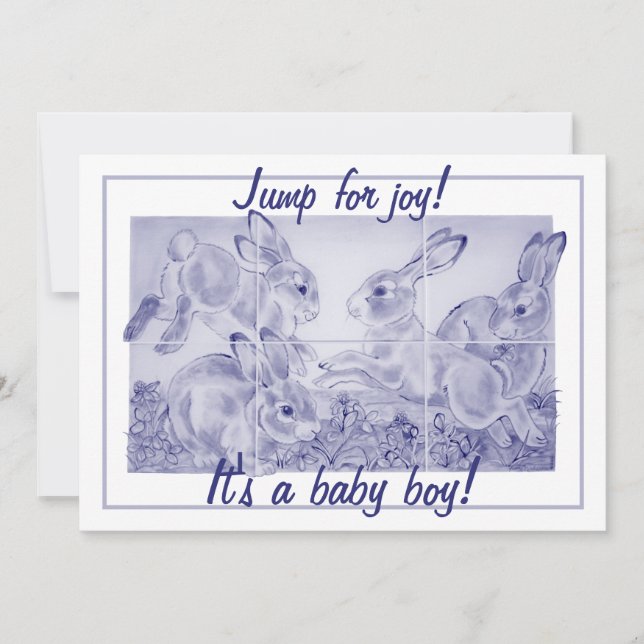 Cute Blue Bunny Rabbit Art Baby Boy Personalized  Announcement (Front)