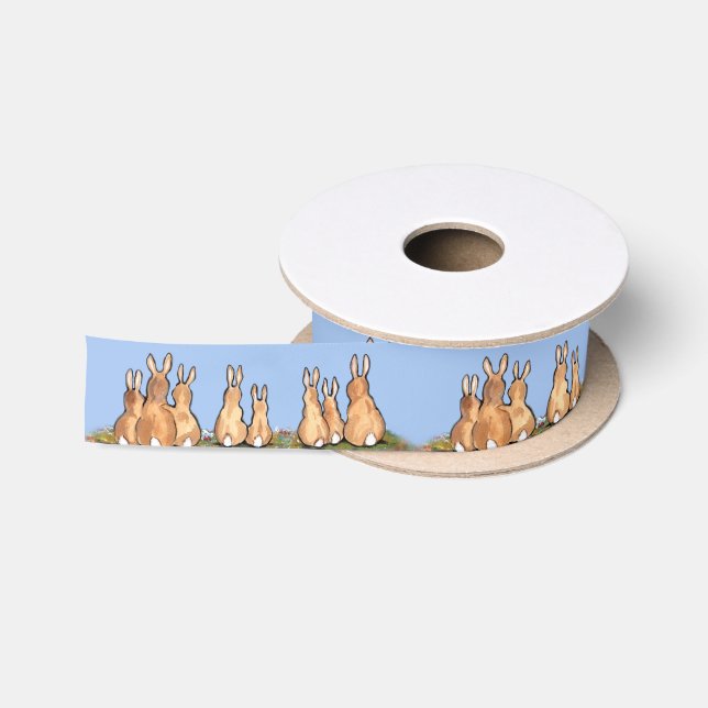 Cute Blue Bunny Rabbit Family Watercolor Baby Satin Ribbon (Spool)