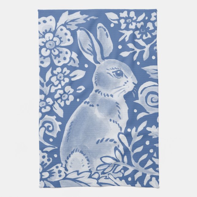 Cute Blue Bunny Rabbit Floral Elegant Animal Bar Kitchen Towel (Vertical)