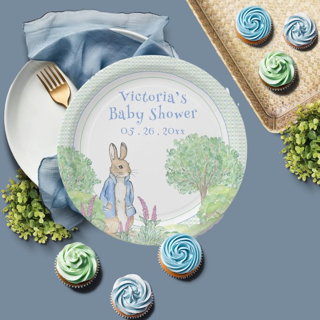 Cute Blue Bunny Rabbit Gingham Baby Shower  Paper Plates (Creator Uploaded)