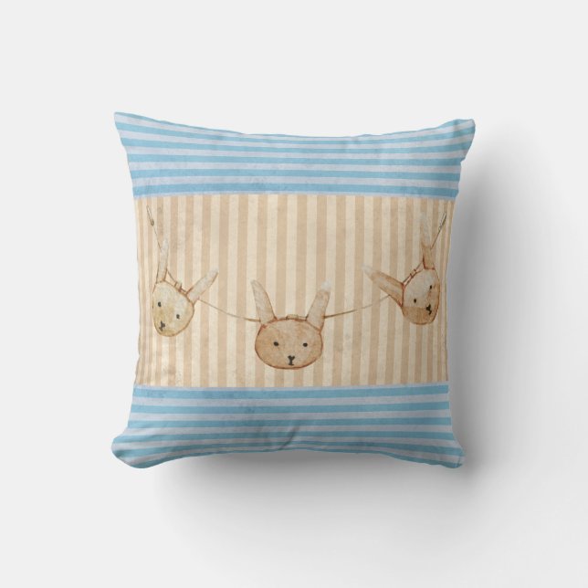 Cute Blue Bunny Rabbit Stripe Throw Pillow (Front)