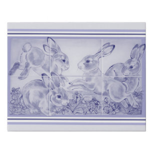 Cute Blue Bunny Rabbit Tile Art Painting Animal Faux Canvas Print