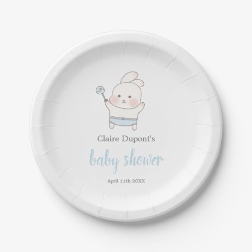 Cute Blue Bunny Watercolor Simple Boy Baby Shower Paper Plates