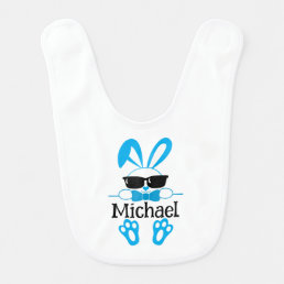 Cute Blue Bunny With Sunglasses Personalized Name Baby Bib