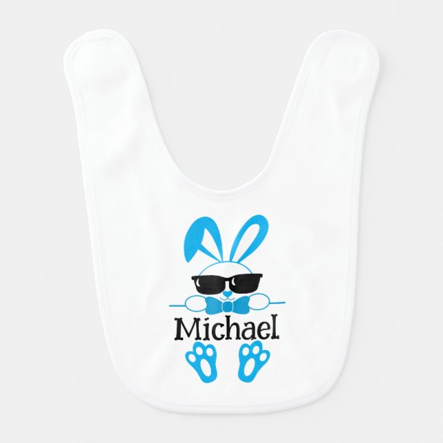 Cute Blue Bunny With Sunglasses Personalized Name Baby Bib (Front)