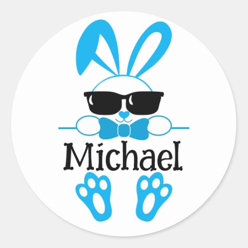 Cute Blue Bunny With Sunglasses Personalized Name Classic Round Sticker