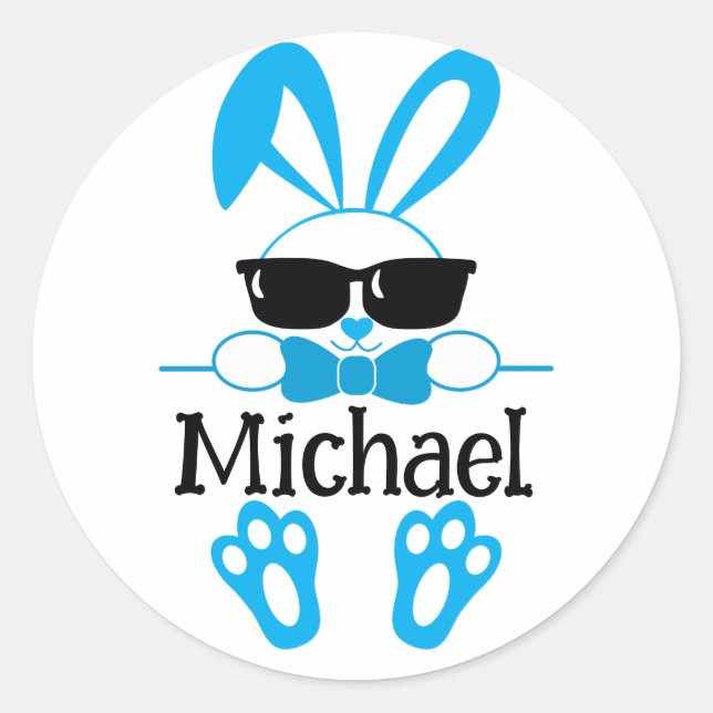 Cute Blue Bunny With Sunglasses Personalized Name Classic Round Sticker (Front)