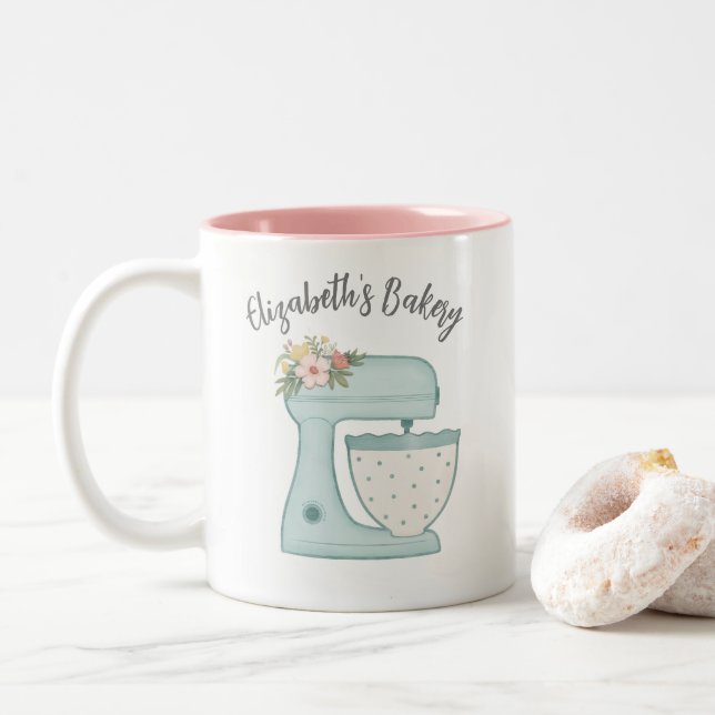 Cute Blue Business Bakery Mixer Two-Tone Coffee Mug (With Donut)