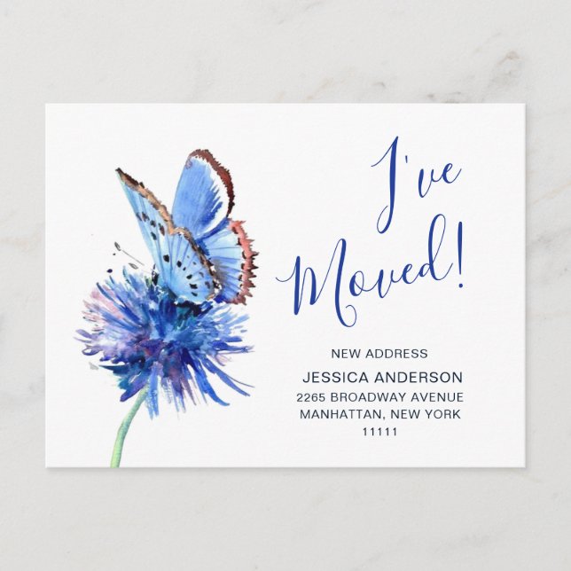Cute Blue Butterfly Flower Moving Announcement (Front)